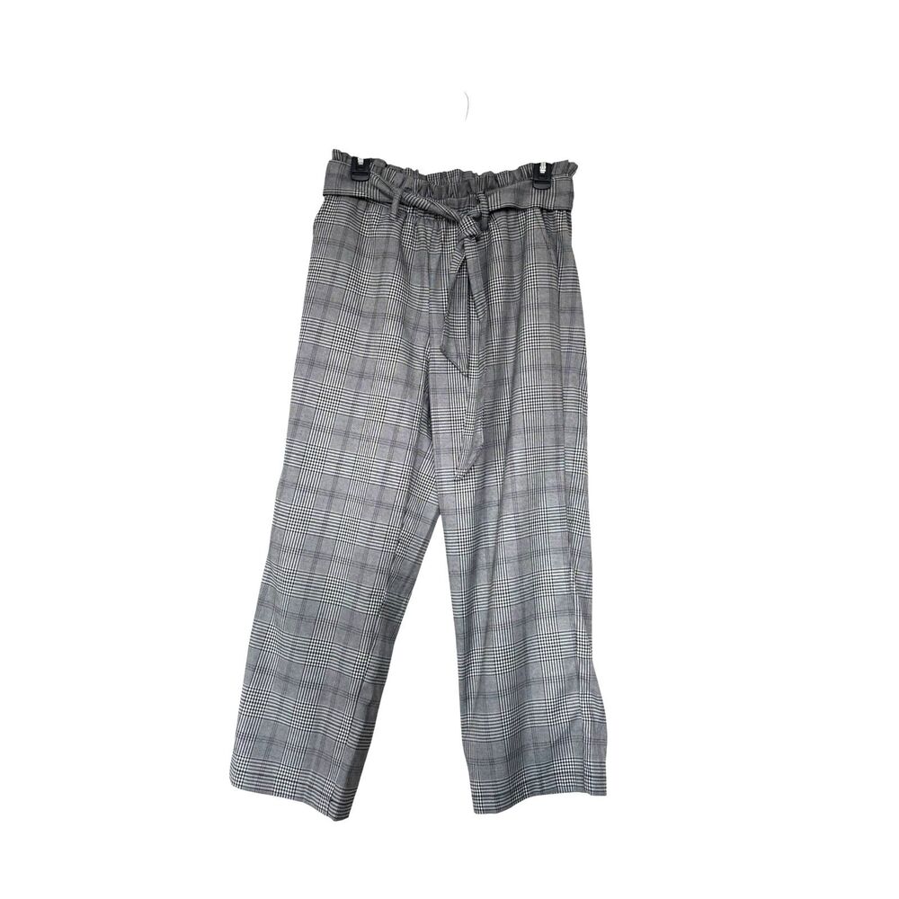 Fever Black White Plaid Straight Leg Office Pants Tie Belt Preppy Stretch M